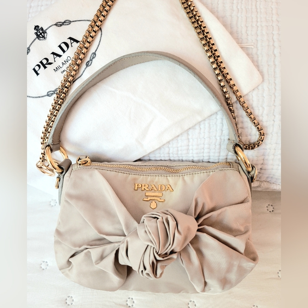 Authentic Prada Tessuto Fiocco Bow Bag - Beige Nylon Crossbody/Shoulder Bag